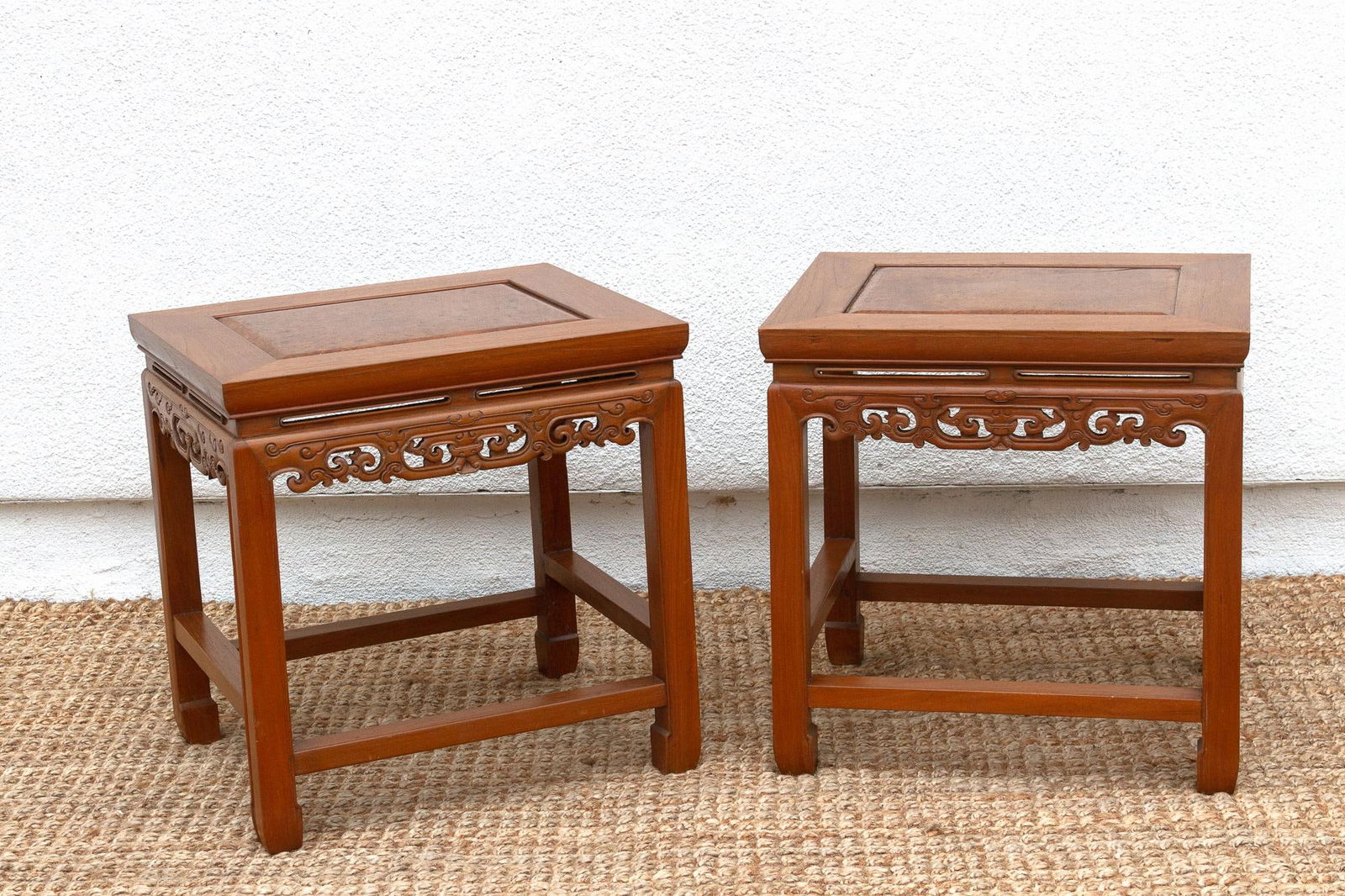Pair of Vintage Carved Elm & Burr End Tables - 4
