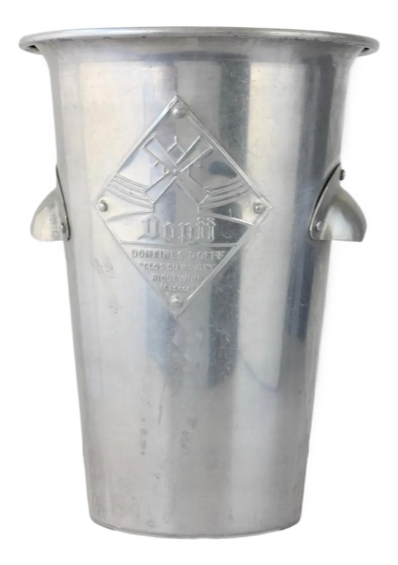 Midcentury Dopff Alsace Wine Bucket: Vintage French aluminum wine cooler designed in the 1950s, originally crafted for Alsace white wine bottles. This piece was a staple in French restaurants, featuring distinctive red Bakelite handles