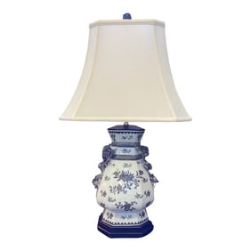 Vintage Large Gray and White Chinoiserie Lamp With Silk Cut Corner Rectangular Shade and Marble Fini