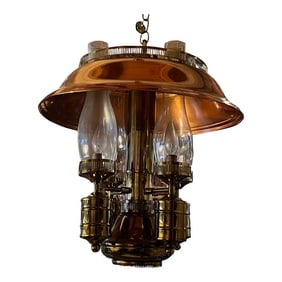 Vintage Tall Polished Brass & Copper Hanging Pendant Lighting Chandelier