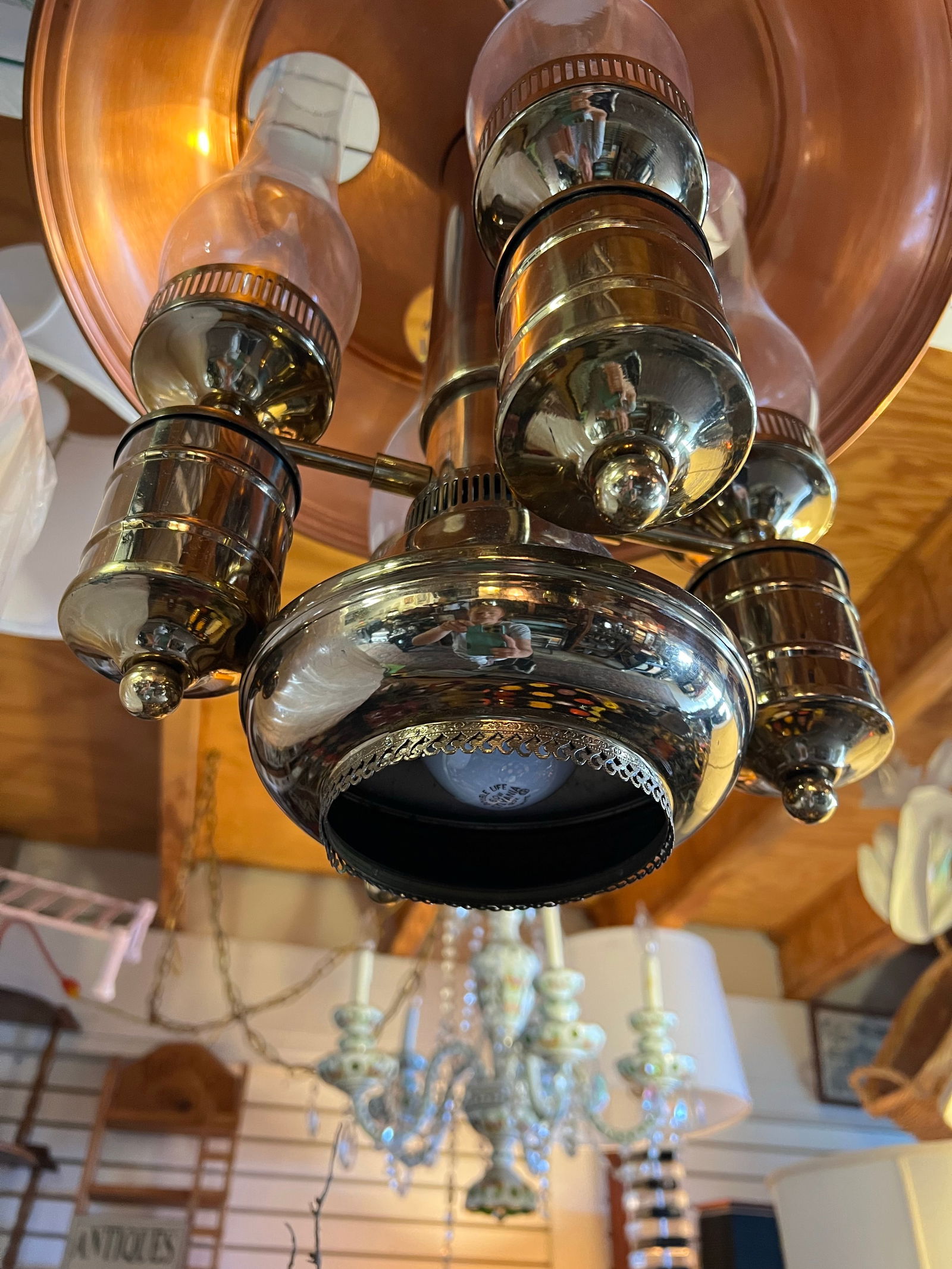 Vintage Tall Polished Brass & Copper Hanging Pendant Lighting Chandelier - 2