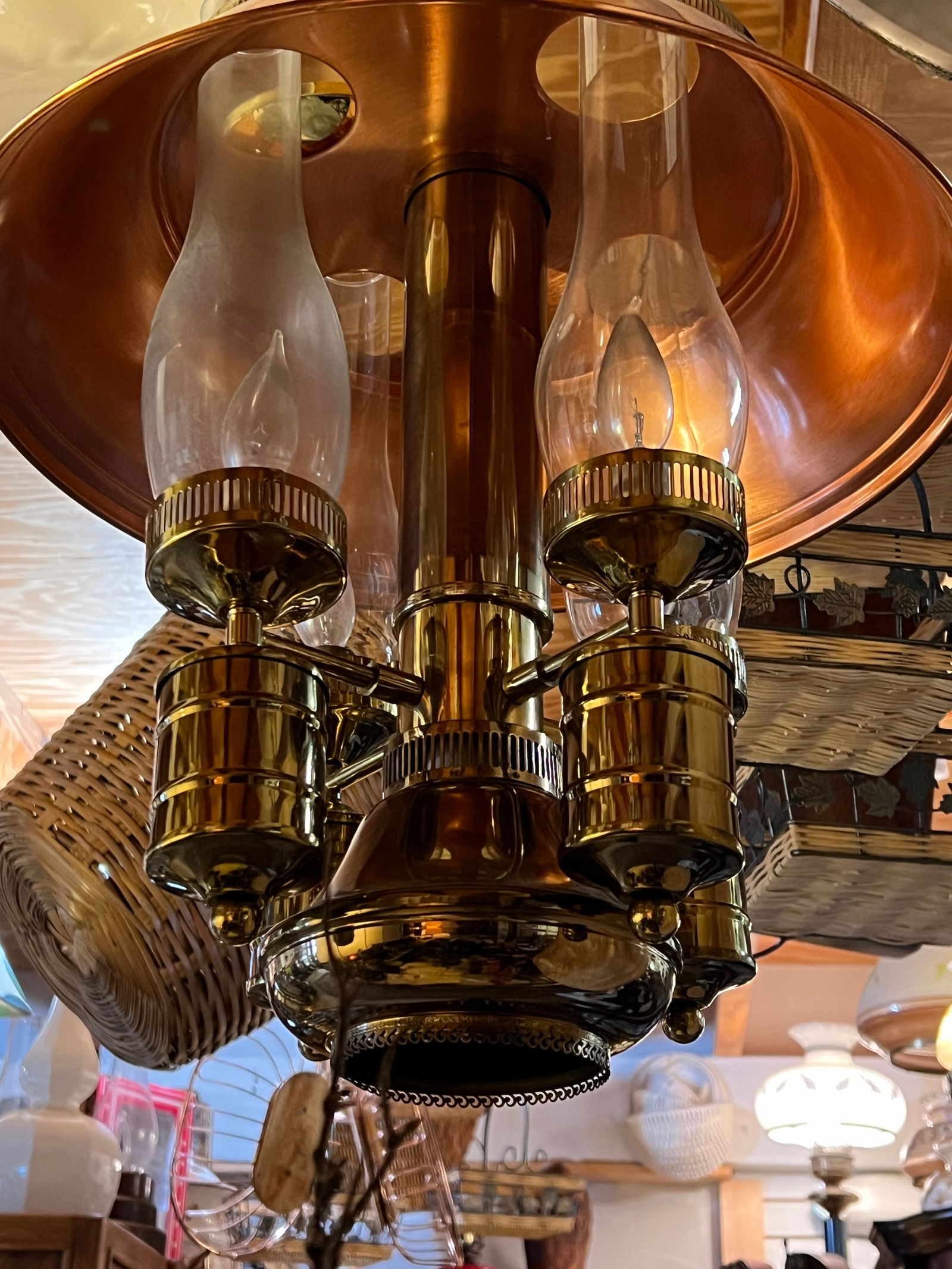 Vintage Tall Polished Brass & Copper Hanging Pendant Lighting Chandelier - 3