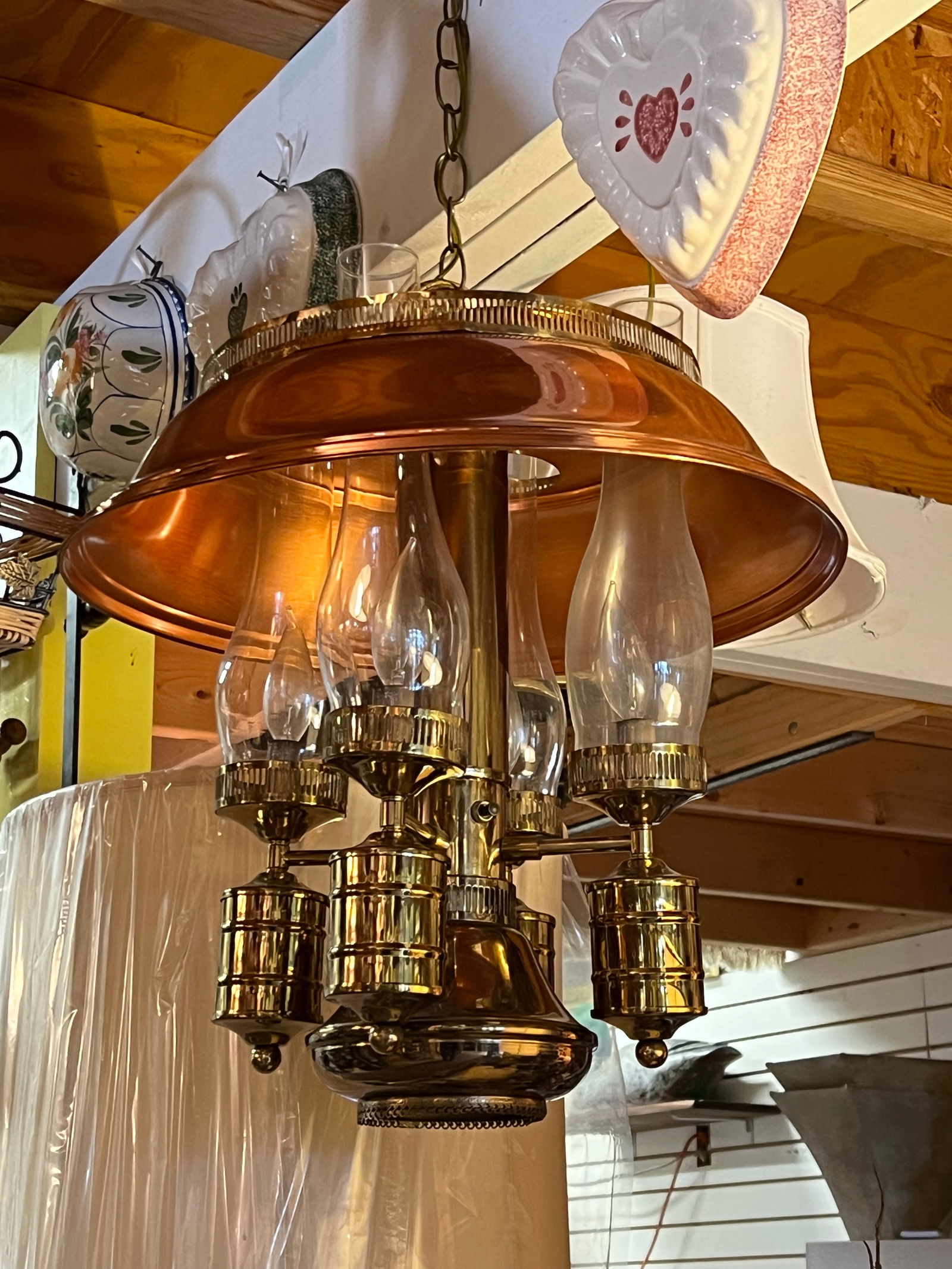 Vintage Tall Polished Brass & Copper Hanging Pendant Lighting Chandelier - 5