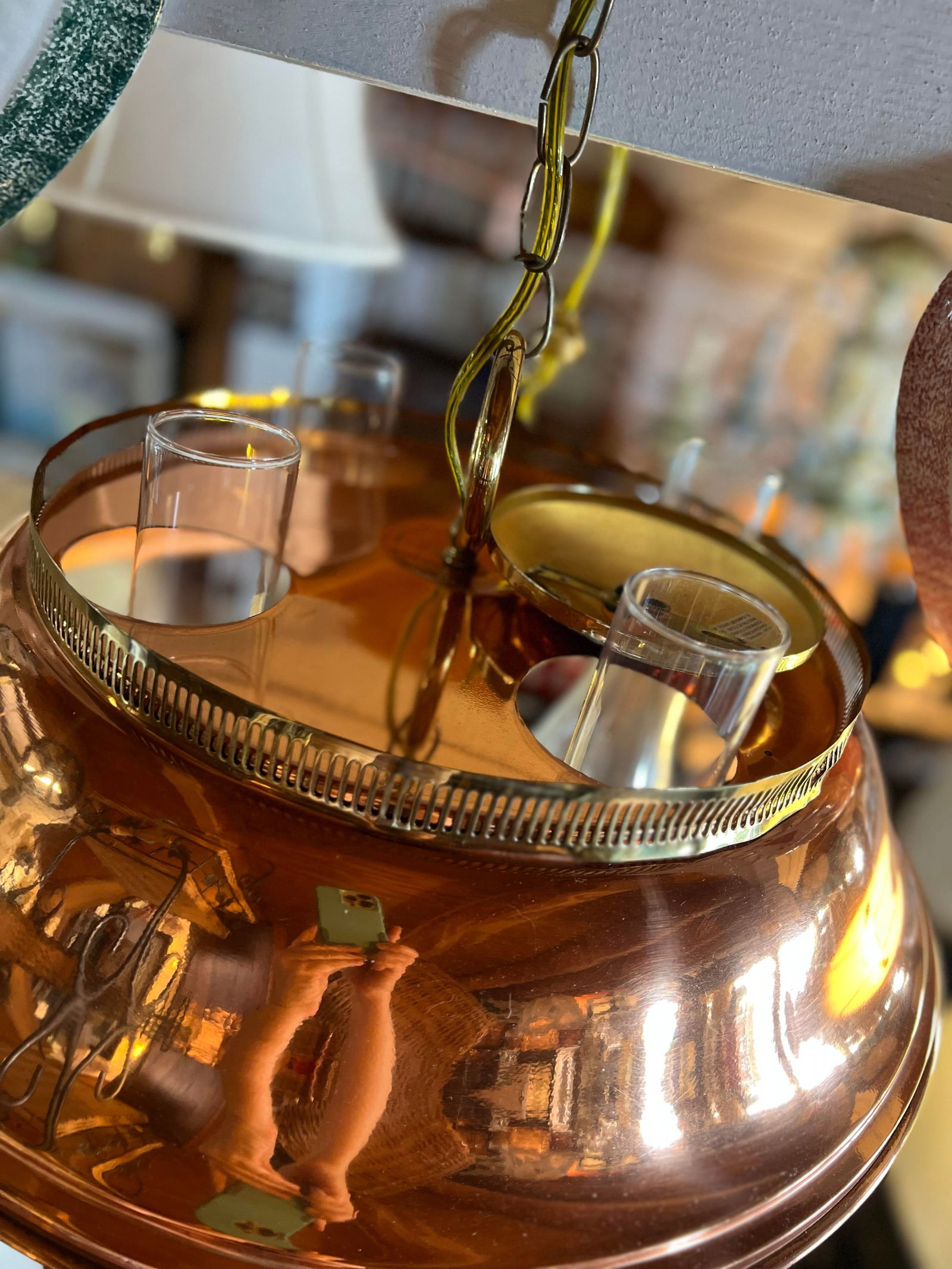 Vintage Tall Polished Brass & Copper Hanging Pendant Lighting Chandelier - 7