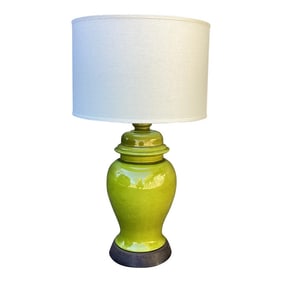 Late 20th Century Chartreuse Ginger Jar Lamp With Linen Drum Shade