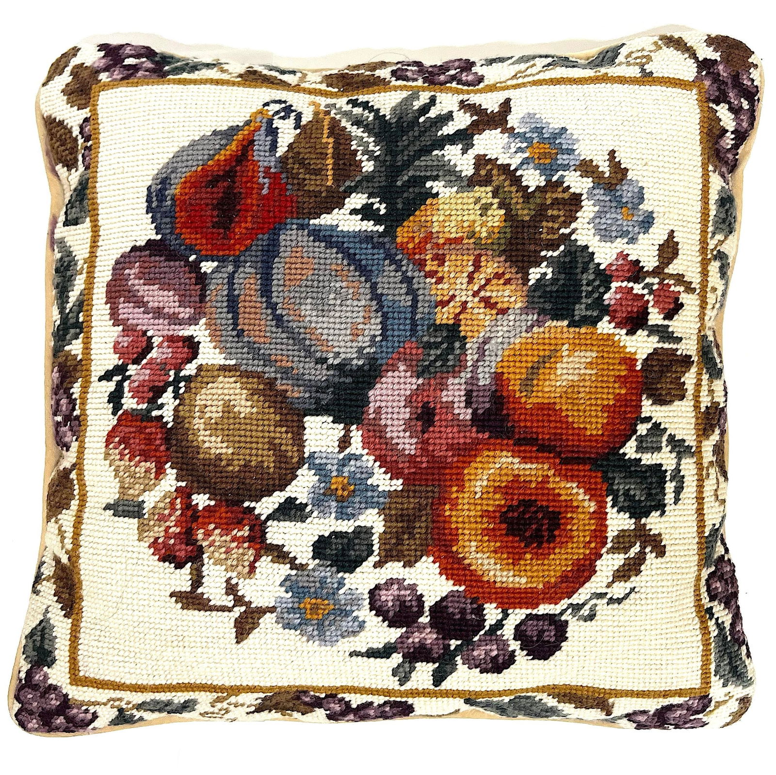 Hand-Done Needlepoint Fruit Pillows with Down/Feather Inserts- Set of 2 - 2