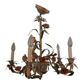 1960's Tole Painted 5 Arm Chandelier With Pink Roses