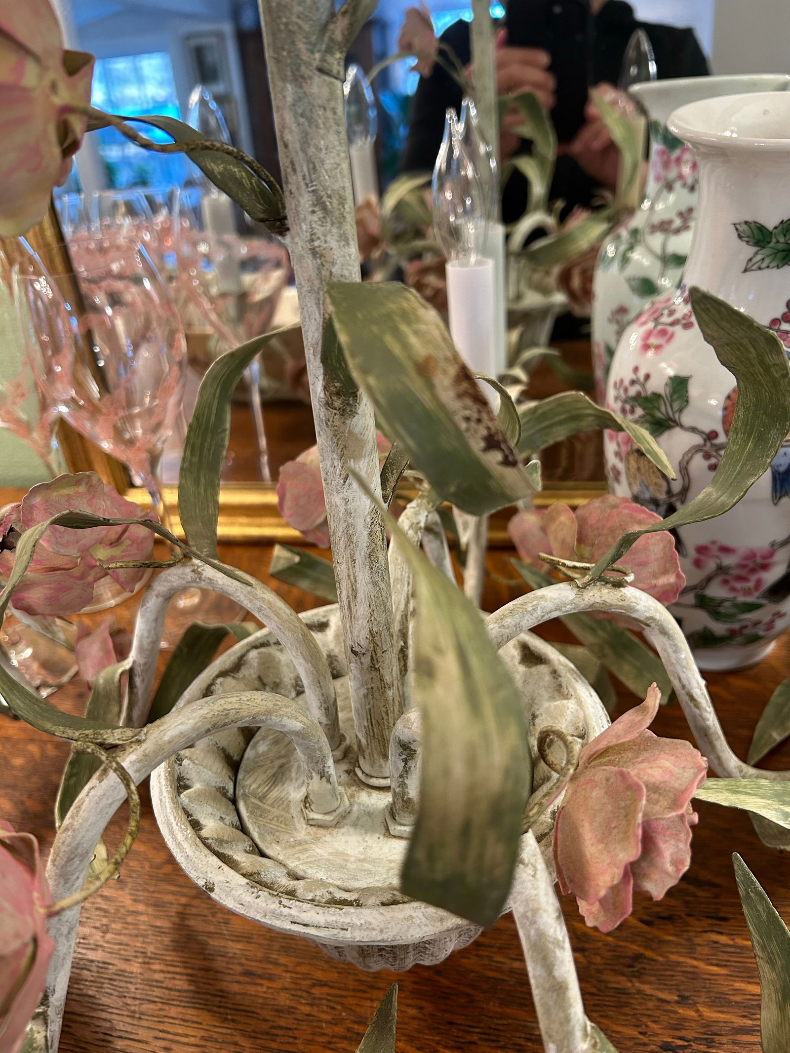 1960's Tole Painted 5 Arm Chandelier With Pink Roses - 7