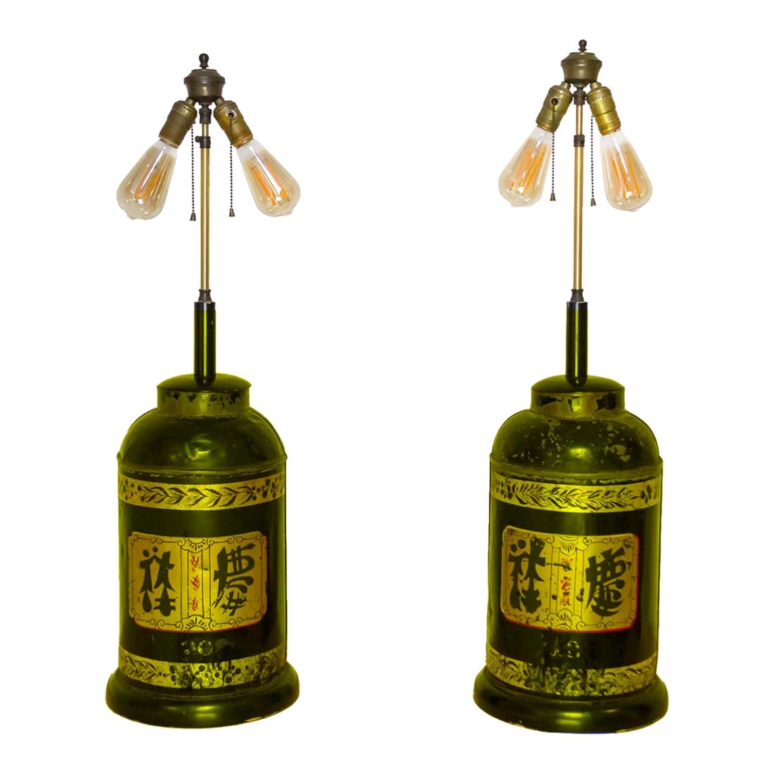 Pair of Antique Black & Gold Chinoiserie Tin Lamps: This striking pair of table lamps embodies the allure of Chinoiserie, a European decorative style inspired by the art and aesthetics of East Asia. Crafted from antique tea tins, likely dating back to