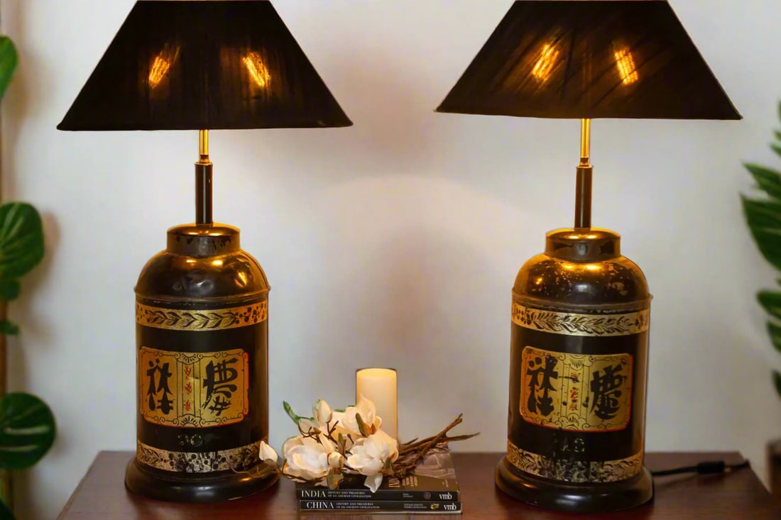 Pair of Antique Black & Gold Chinoiserie Tin Lamps - 2