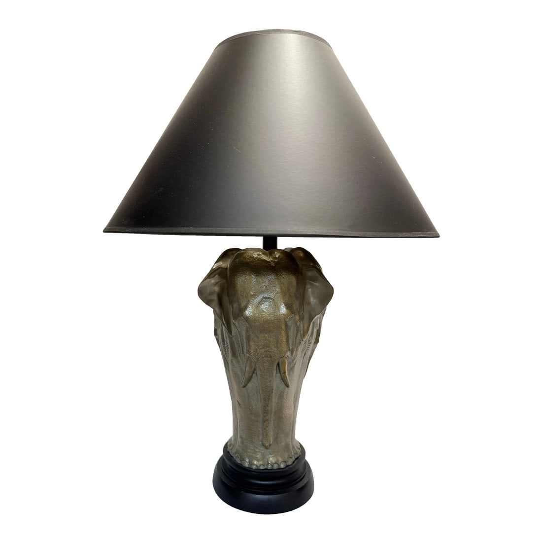 Vintage Hollywood Regency Three Sided Elephant Table Lamp With Original Faux Tortoise Shell Lined Sh: Illuminate your space with the striking Vintage Mid-Century Modern Hollywood Regency Three-Sided Elephant Table Lamp Sculpture by the Reliance Lamp Company. This unique piece effortlessly blends