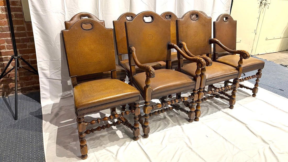 2000s Theodore Alexander Buffalo Hide Leather Dining Chairs - Set of 8 - 2