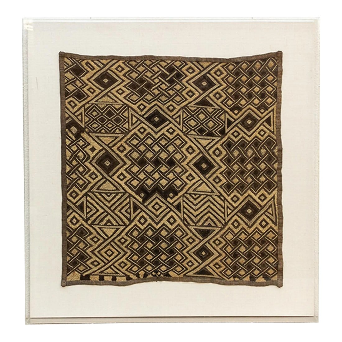 Antique Kuba People Framed Textile: This striking textile panel showcases the artistry of the Kuba people, an ethnic group renowned for their raffia weaving traditions in the Democratic Republic of Congo. Kuba cloths, highly valued for
