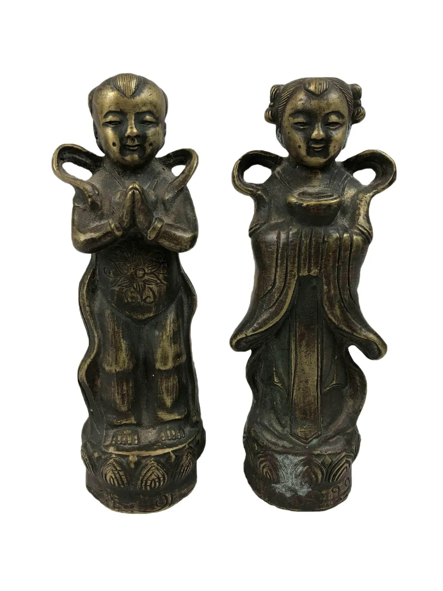 1920s Antique Chinese Brass Children Statues - a Pair - 11