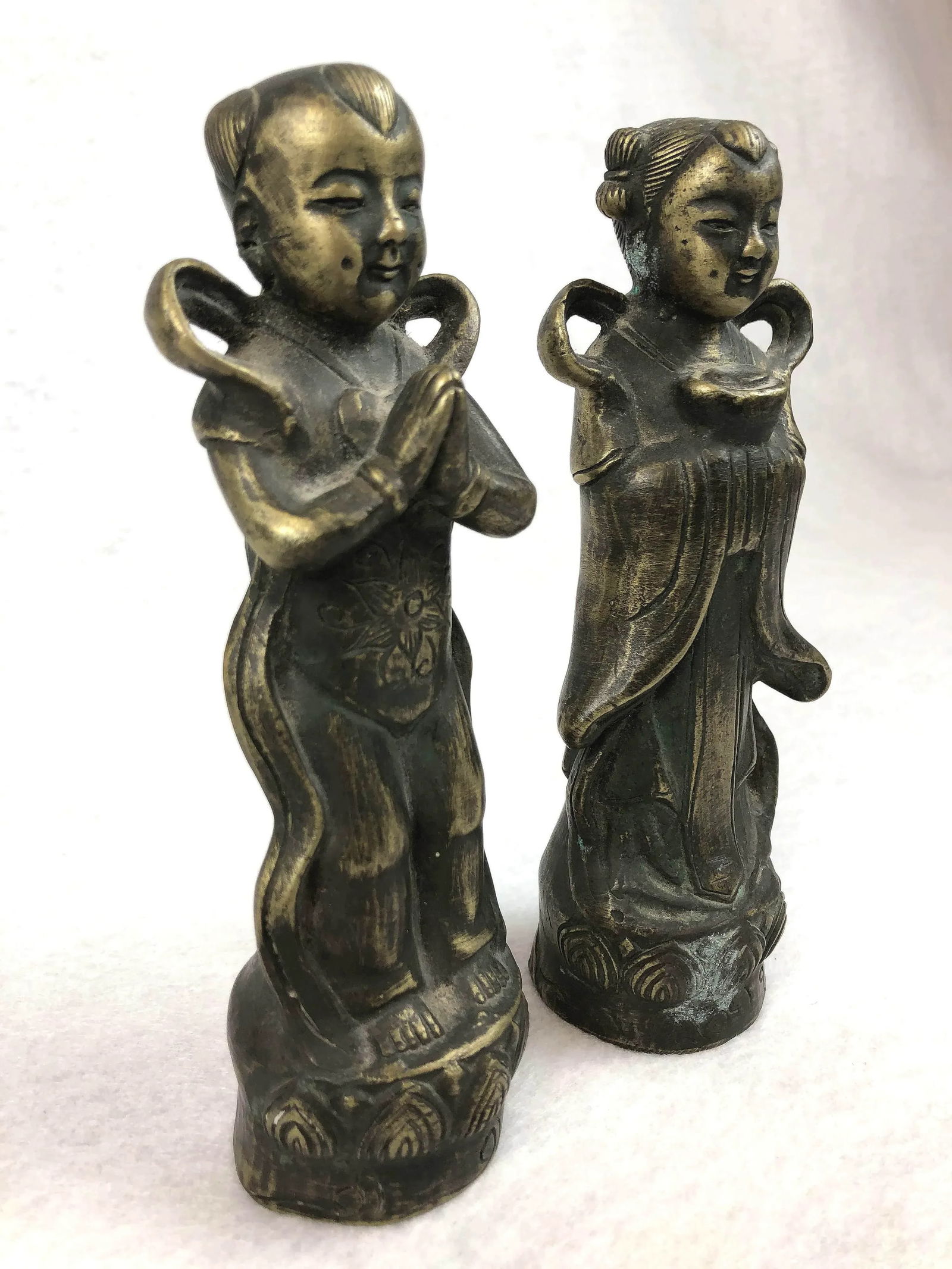 1920s Antique Chinese Brass Children Statues - a Pair - 4