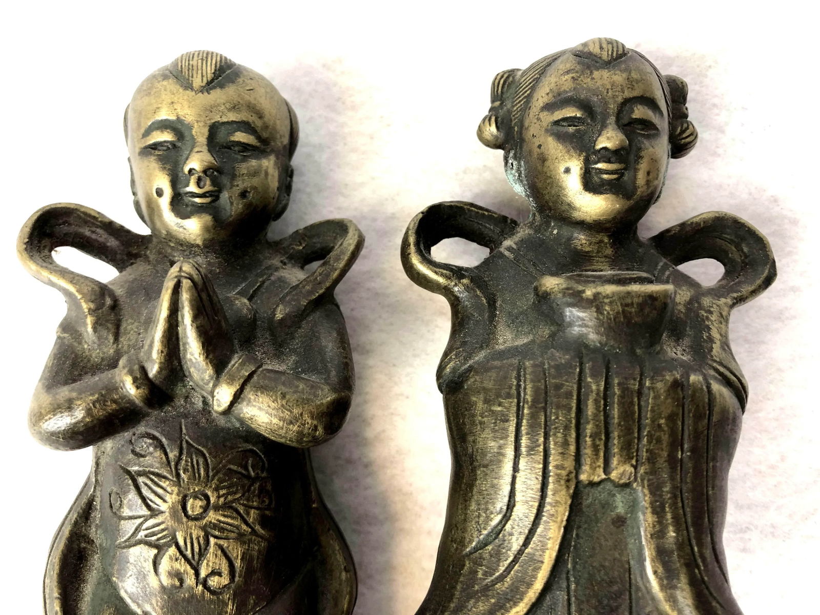 1920s Antique Chinese Brass Children Statues - a Pair - 6