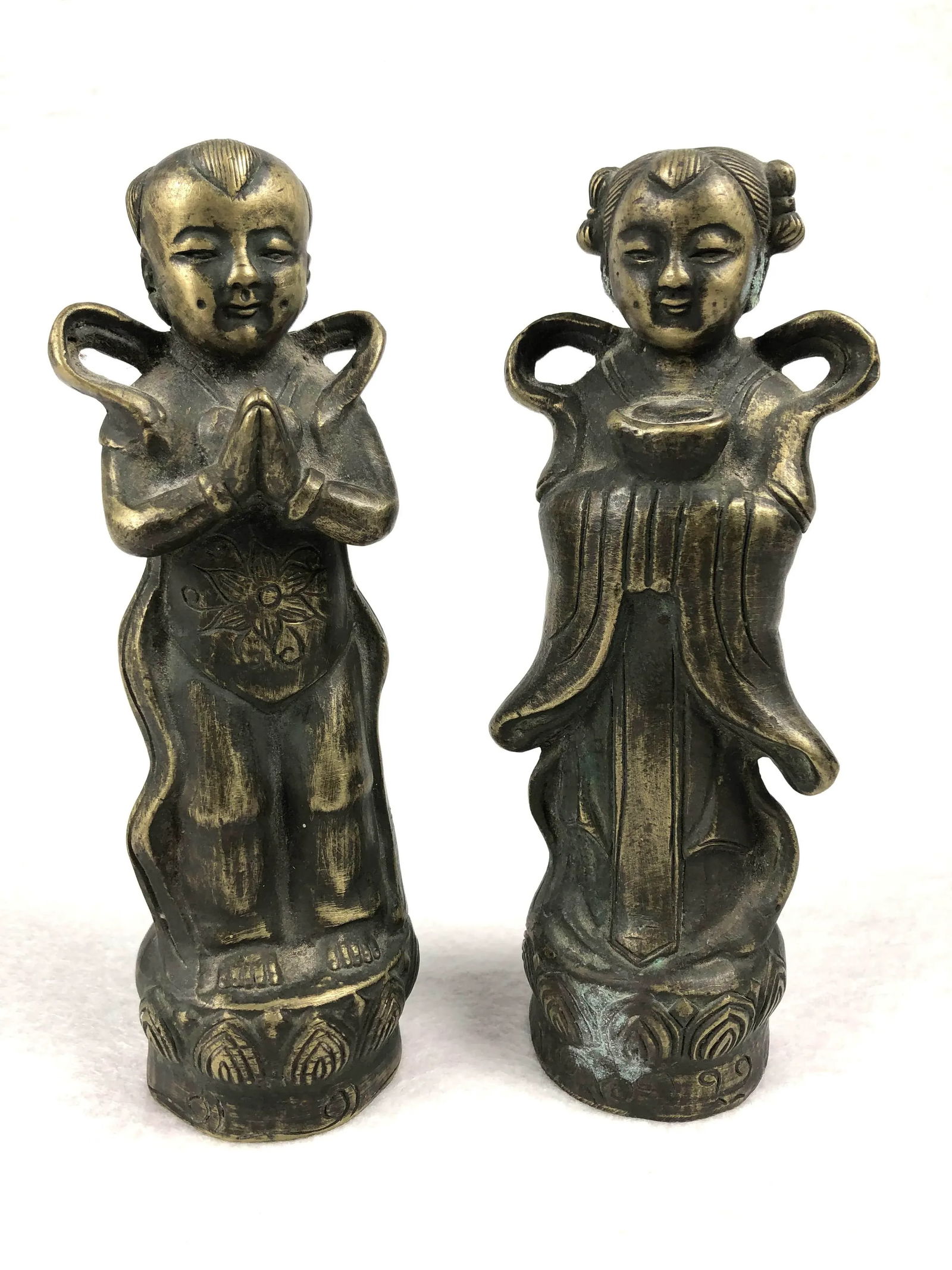 1920s Antique Chinese Brass Children Statues - a Pair - 7