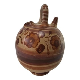 Vintage Mexican Water Pitcher, 11.25", Sienna Rust Floral Hand-Painted Ceramic