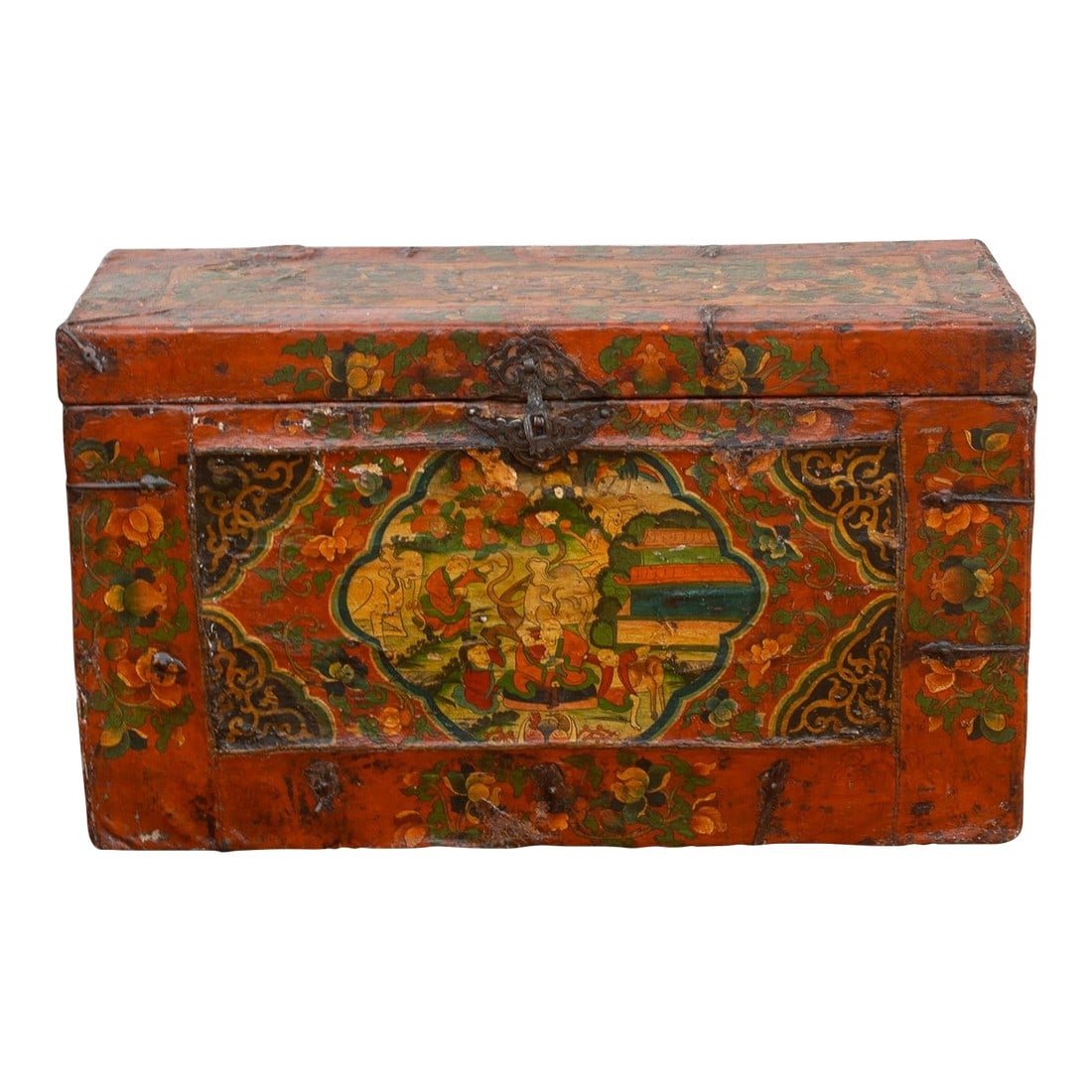 Rare 18th Century Tibetan Hand-Painted Chest: This rare 18th-century Tibetan chest, a testament to the rich cultural heritage of the Himalayas, is adorned with intricate hand-painted scenes that depict mythical figures and auspicious symbols. The