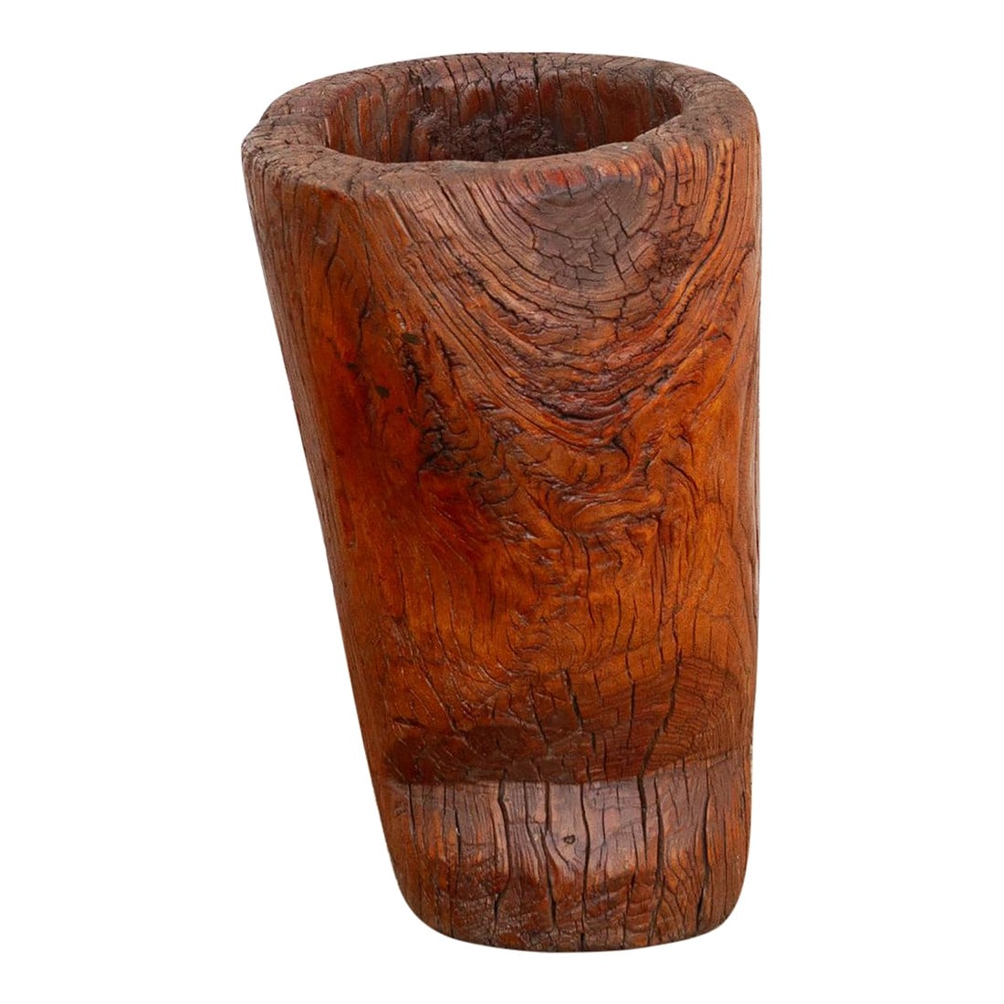 19th Century Rustic Antique Chinese Mortar, Carved Wood Planter: This antique Chinese mortar, a relic of traditional kitchens and culinary traditions, embodies the rustic charm and enduring beauty of handcrafted woodenware. Likely dating back to the 19th century or