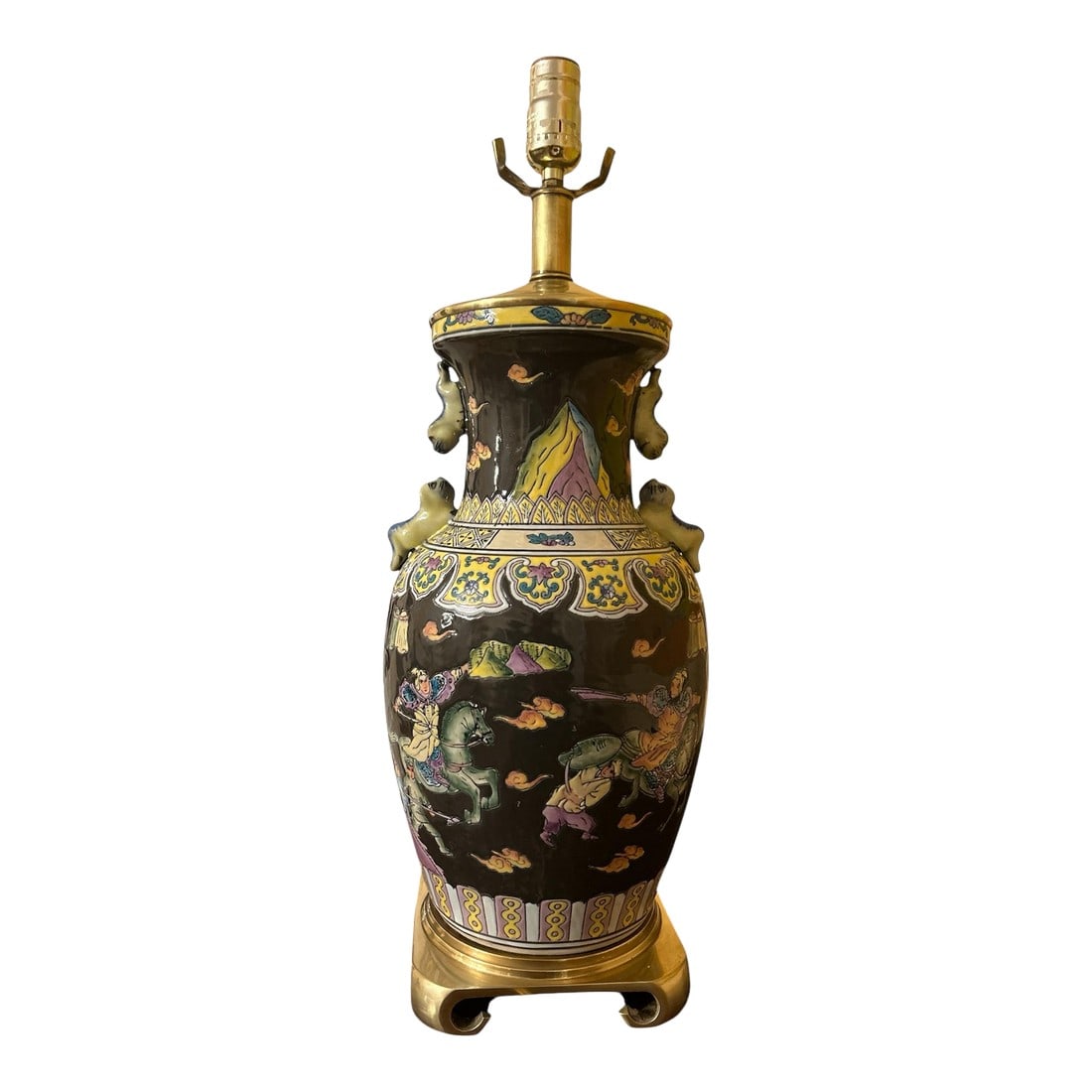 Antique Asian Famille Noir Ceramic Lamp: Gorgeous statement lamp. It's a famille noir pattern. It depicts colorful warriors against a black background and Asian landscape. The urn style has two facing foo dogs in blue as handles on each side