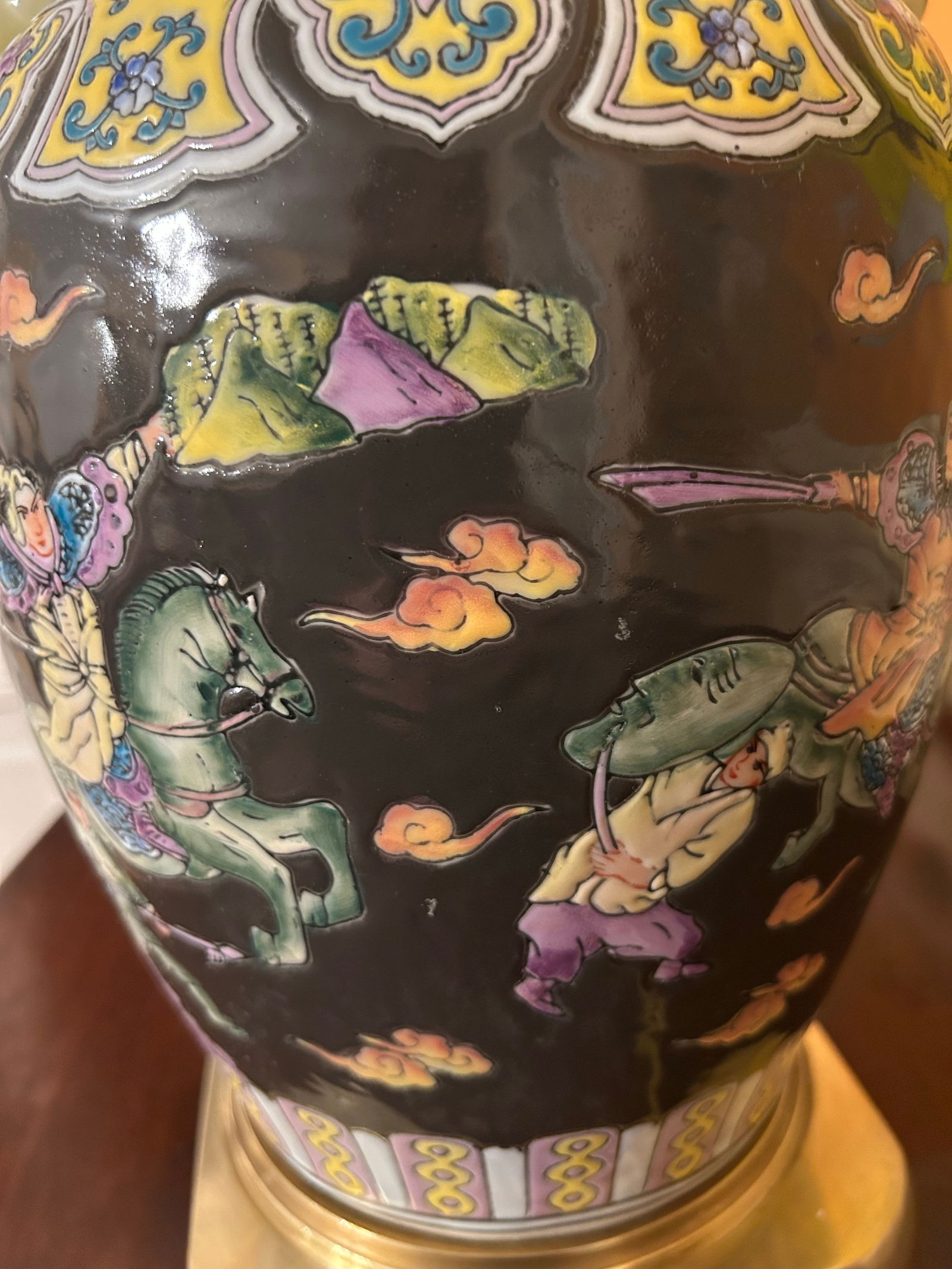 Antique Asian Famille Noir Ceramic Lamp - 7