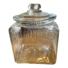 1930s Clear Square Peanut Planters Jar With Lid
