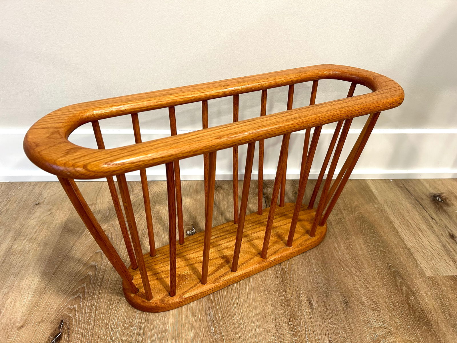 Late 20th Century Scandinavian Mid Century Modern Oval Solid Oak Wood Danish Magazine Rack Vinyl Rec - 2