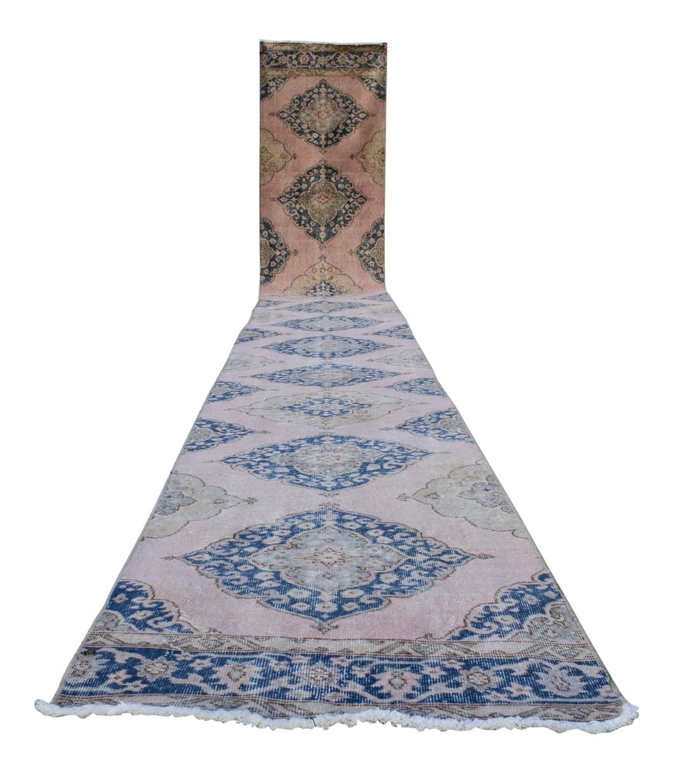 Vintage Turkish Oushak Extra Long Runner With Modern Style 2'10"×23'5": Vintage Blue Turkish Oushak Extra Long Runner with Modern Style, Long Hallway Runner 33.86'' x 281.50'' / 86x715cm Hand woven with high quality pure wool Excellent condition Origin:Turkey Works well