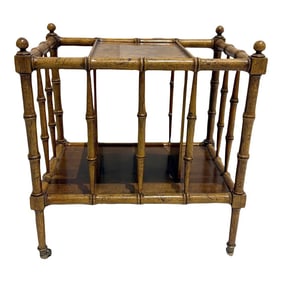 1960s Vintage Baker Furniture Burl Wood Faux Bamboo Form Canterbury Magazine Rack