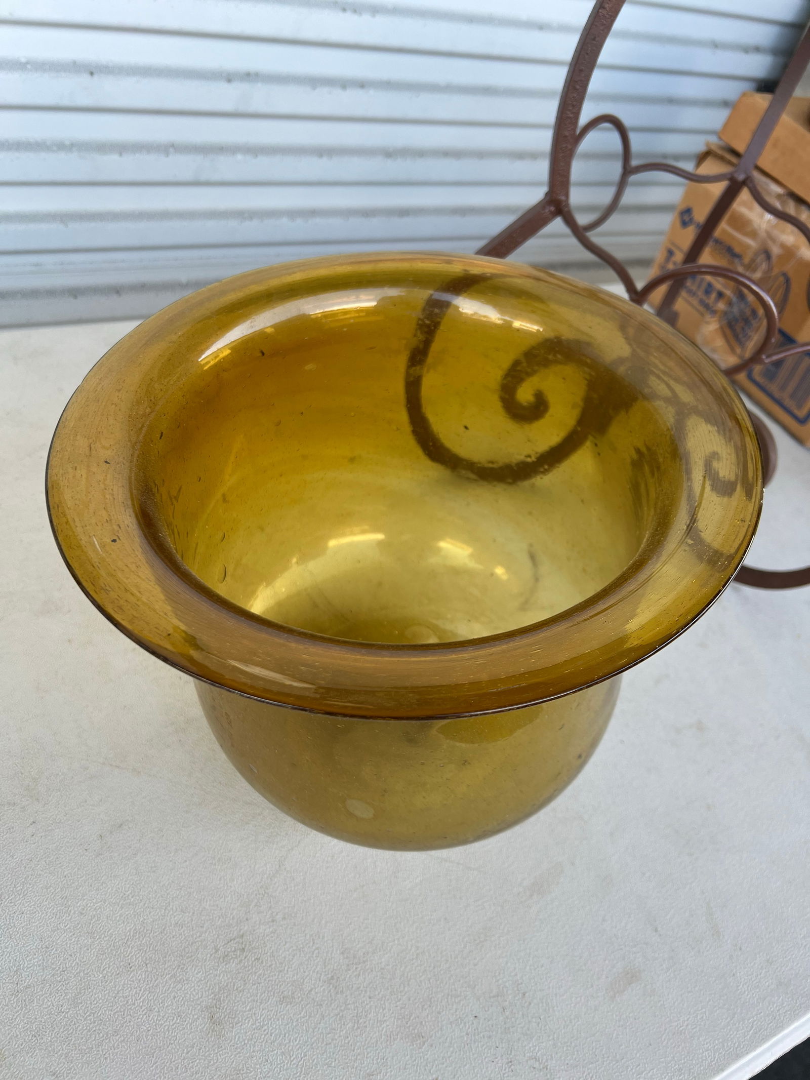 Vintage Cast Iron & Amber Glass Planter - 3