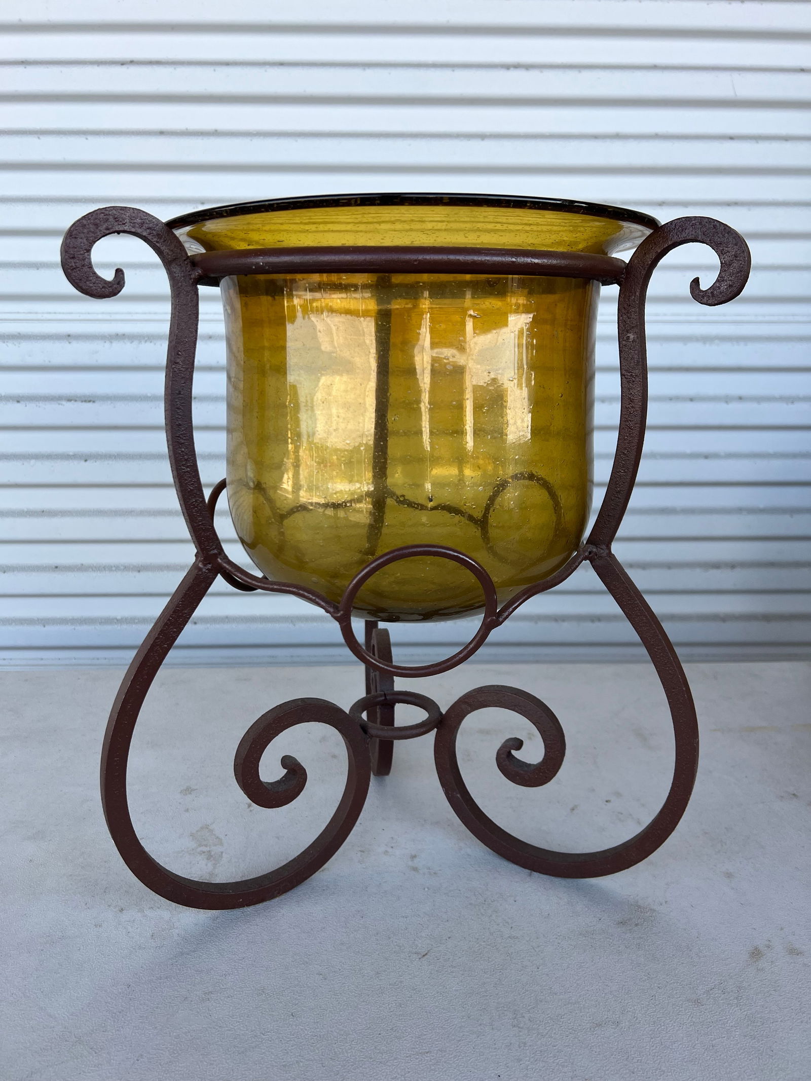 Vintage Cast Iron & Amber Glass Planter - 5
