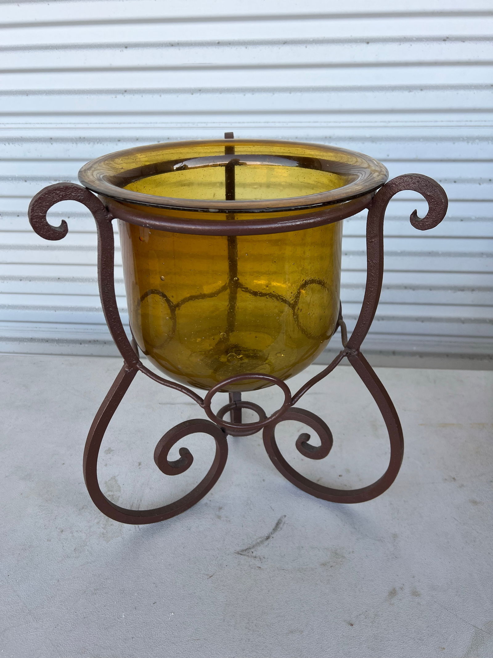 Vintage Cast Iron & Amber Glass Planter - 6