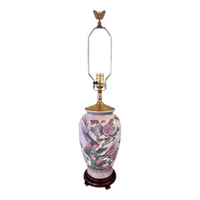 Late 20th Century Chinoiserie Porcelain Pheasant and Peony Lamp on Ming Base