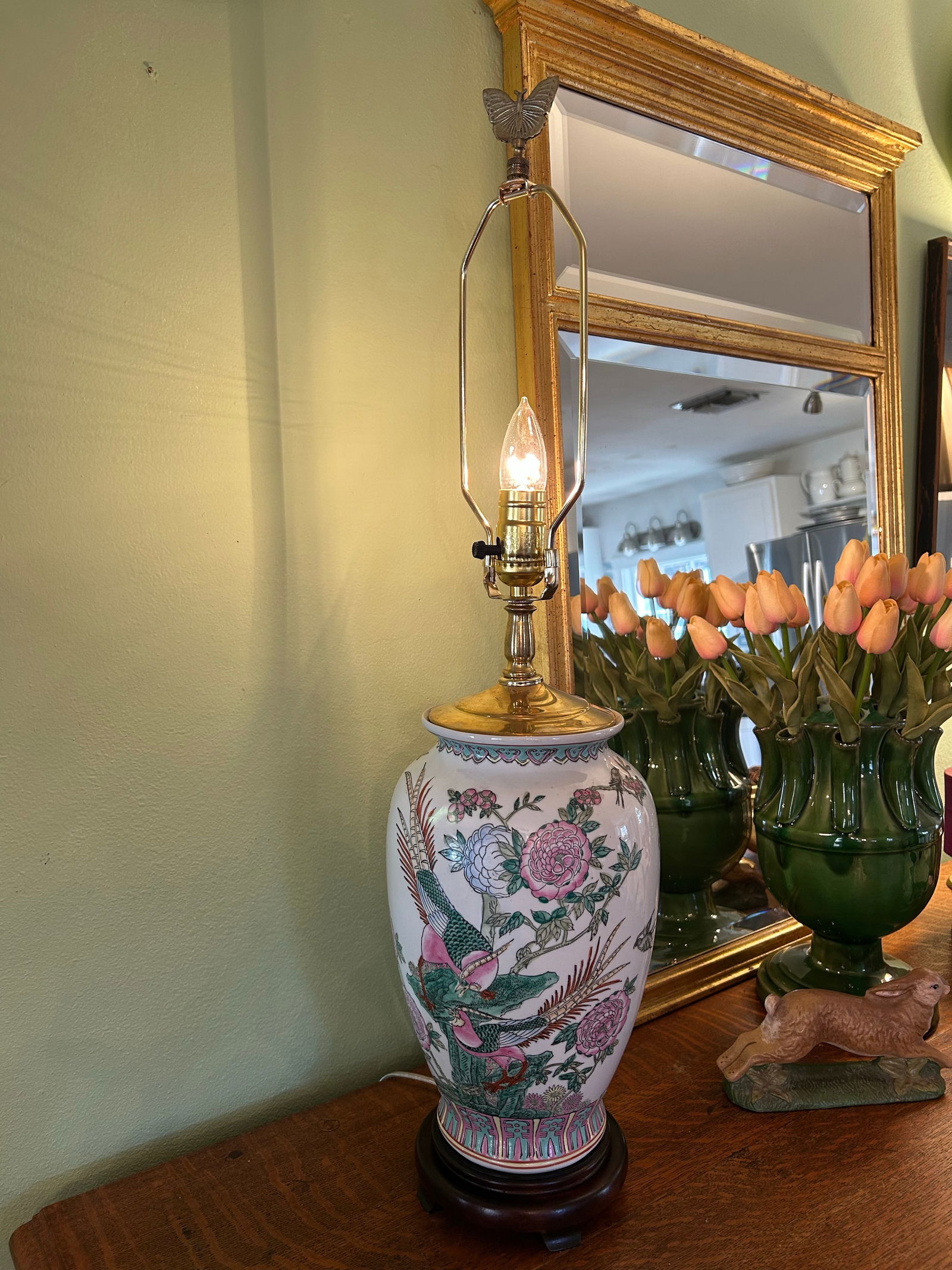 Late 20th Century Chinoiserie Porcelain Pheasant and Peony Lamp on Ming Base - 2