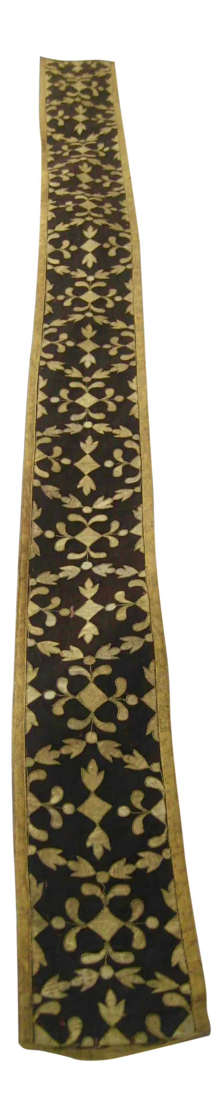 Spanish Antique Embroidery Trim Wall Hanging Roll Panel: Long roll off gold embroidered velvet, those pieces were used in churches as ornement for special events, metallic embroideries on a dark brown velvet, placed on a rustic heavy linen backing, you