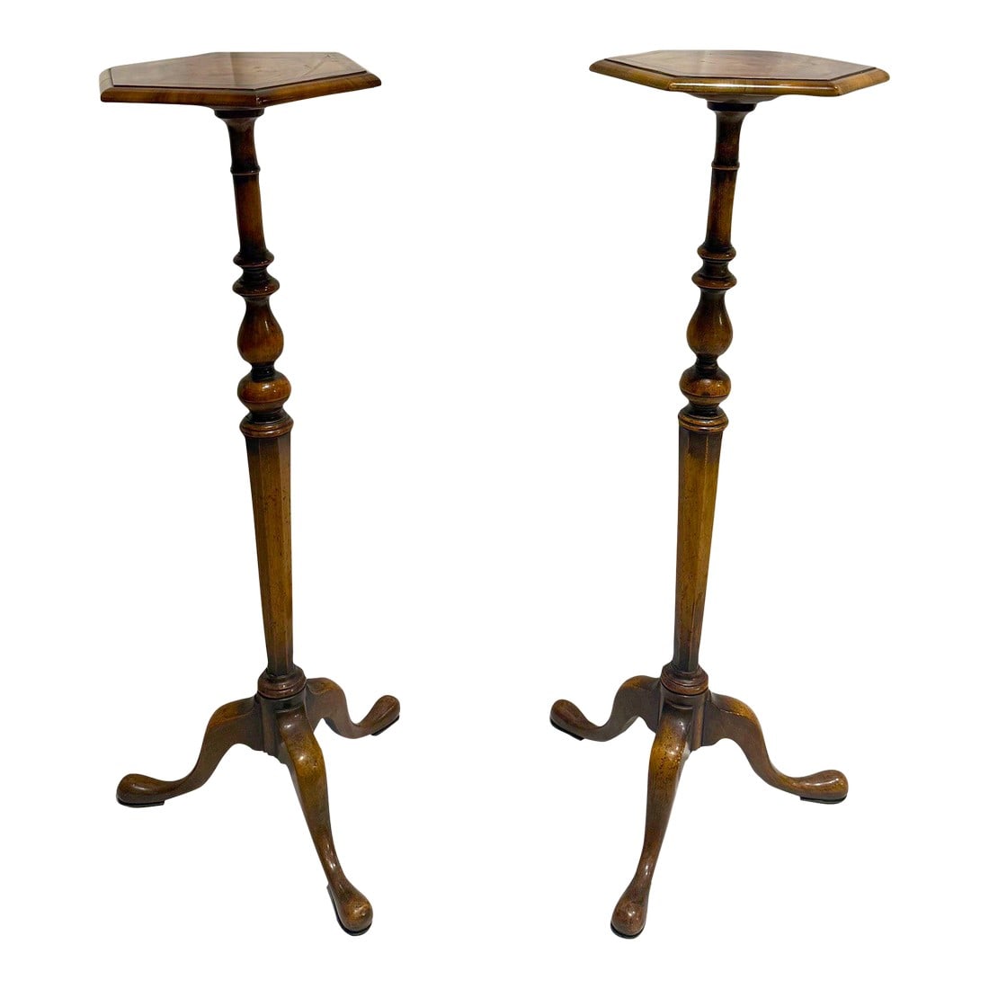 1940s Tripod Plant Stand Tables- a Pair: We are pleased to offer this pair of 1940s Mahogany Torchere Tripod Side/Plant Stand Tables. Elegantly crafted, each table features a beautifully detailed central column and a rich mahogany finish,