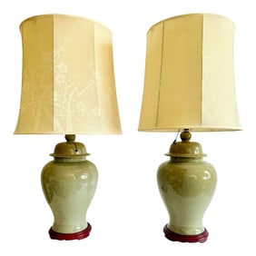 Exquisite Vintage Chinoiserie Celadon Crackle Glaze Stoneware Ginger Jar Table Lamps With Cherry Blo