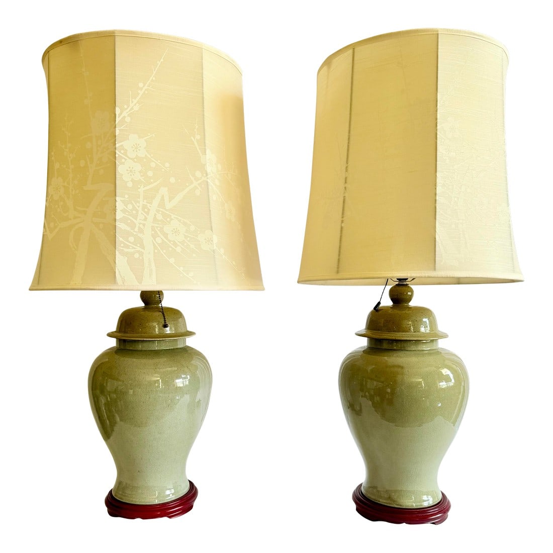 Exquisite Vintage Chinoiserie Celadon Crackle Glaze Stoneware Ginger Jar Table Lamps With Cherry Blo (1 of 11)