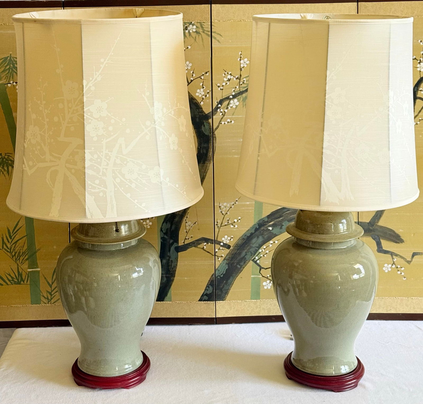 Exquisite Vintage Chinoiserie Celadon Crackle Glaze Stoneware Ginger Jar Table Lamps With Cherry Blo - 2