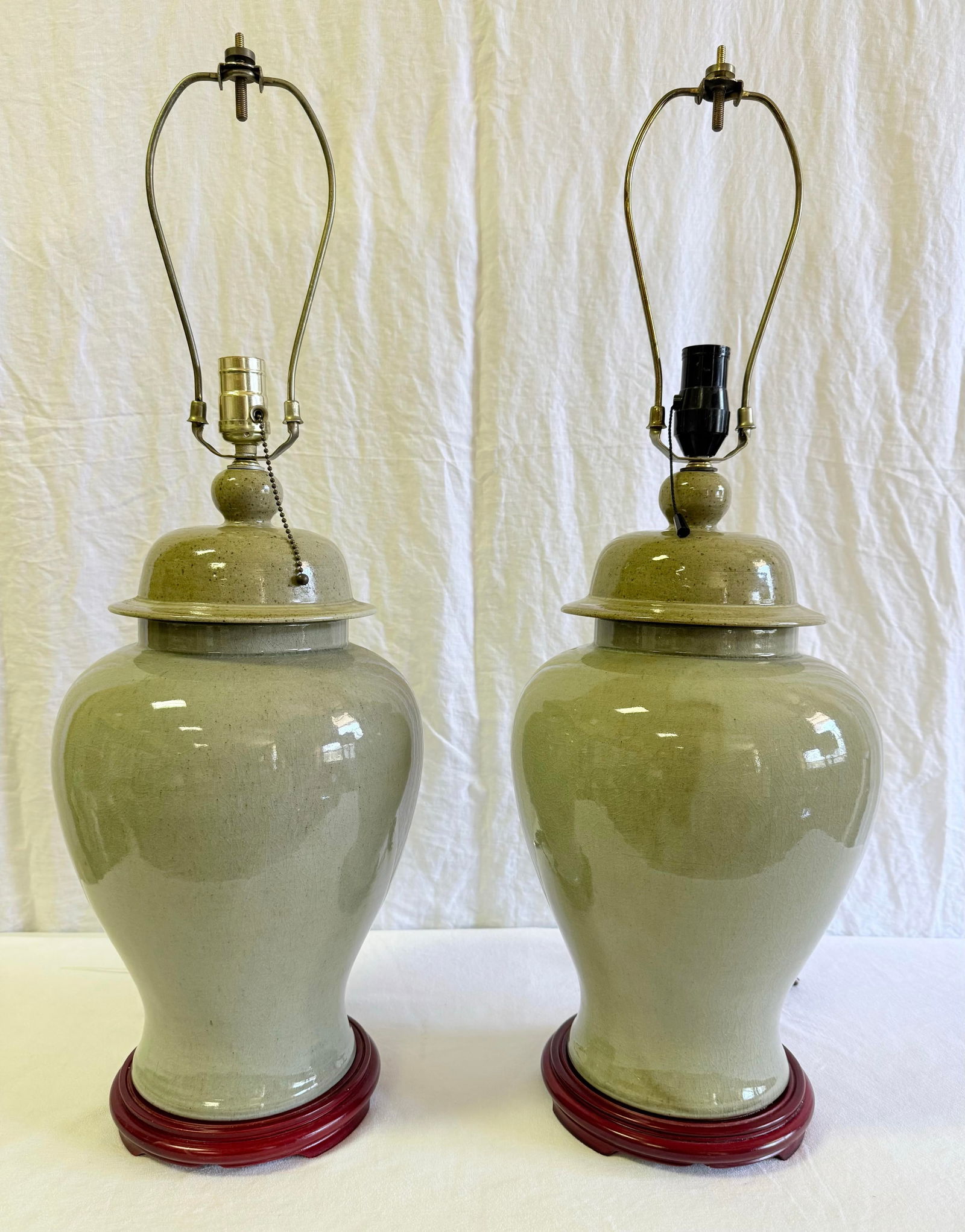 Exquisite Vintage Chinoiserie Celadon Crackle Glaze Stoneware Ginger Jar Table Lamps With Cherry Blo - 4