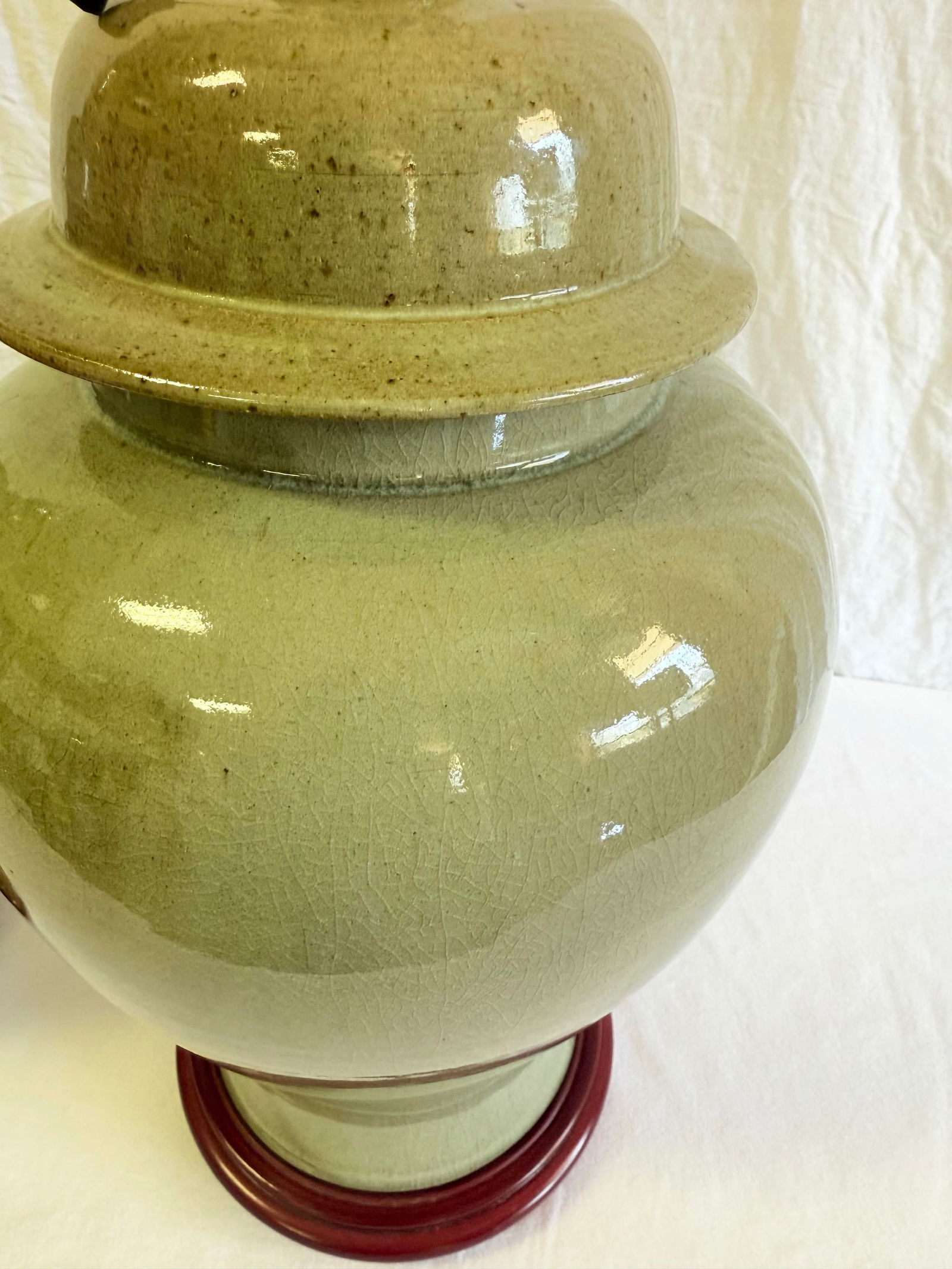 Exquisite Vintage Chinoiserie Celadon Crackle Glaze Stoneware Ginger Jar Table Lamps With Cherry Blo - 5