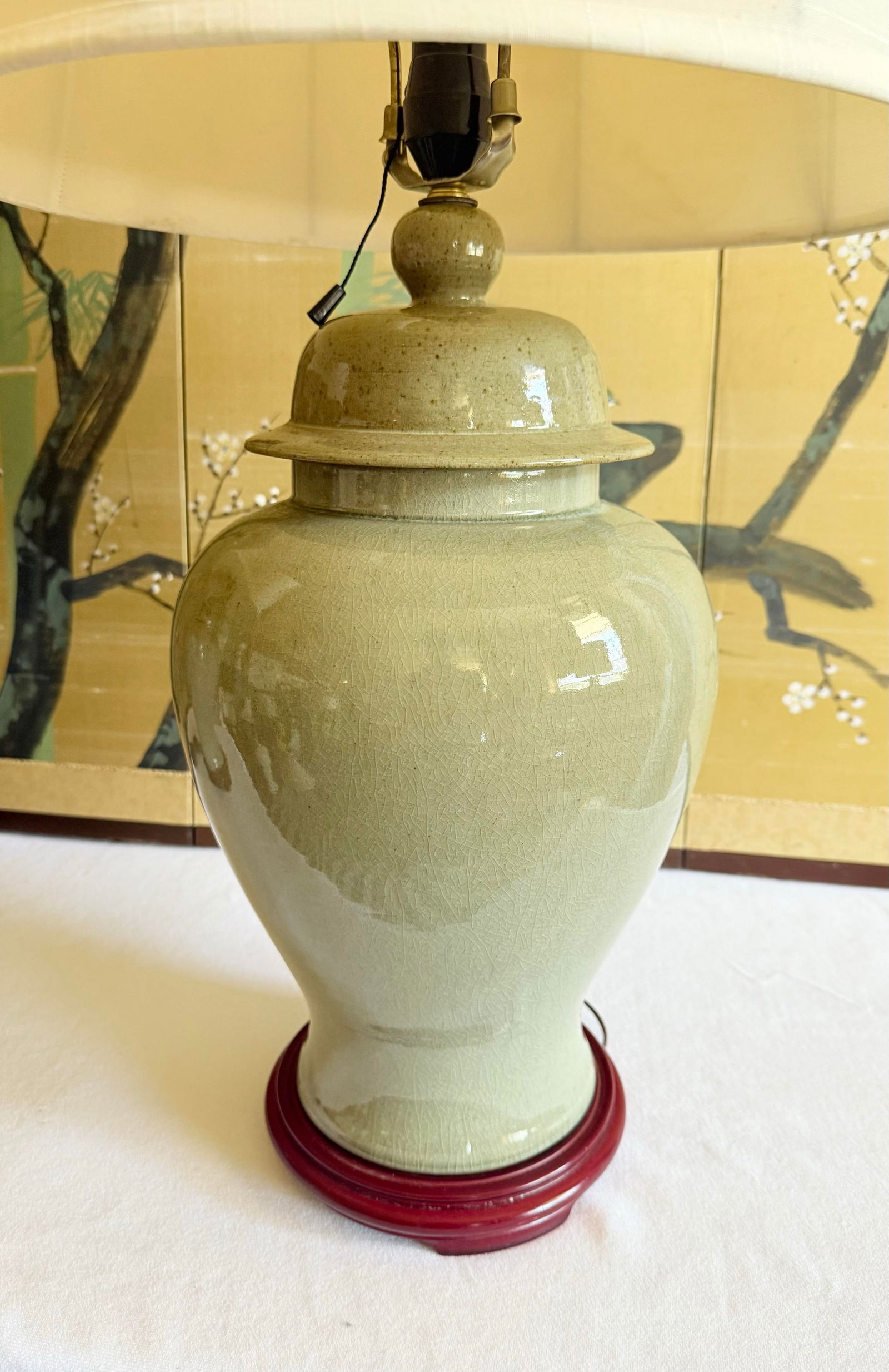 Exquisite Vintage Chinoiserie Celadon Crackle Glaze Stoneware Ginger Jar Table Lamps With Cherry Blo - 6