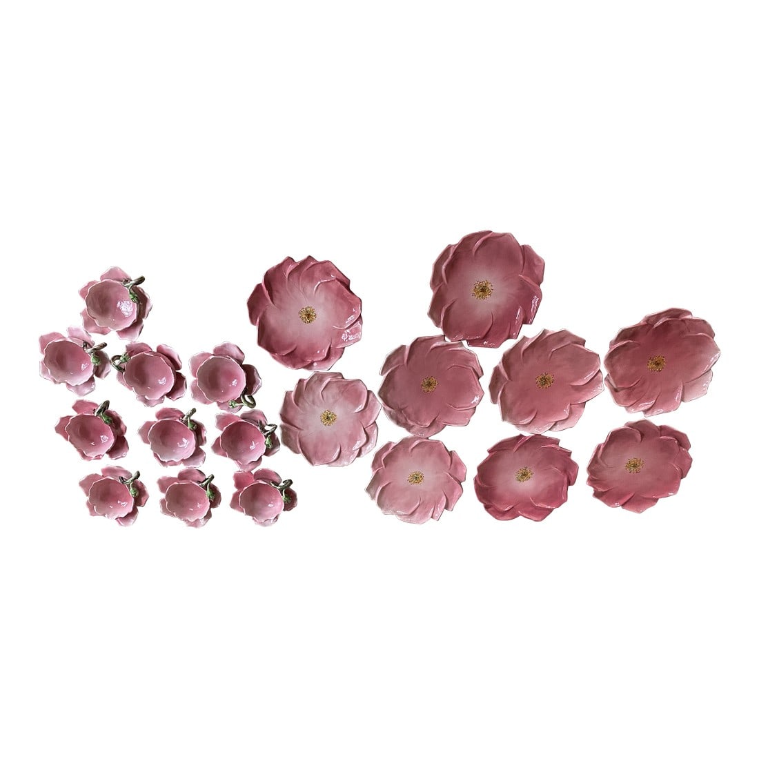 Vintage Handmade Italian Rose Tea Cup & Dessert Plates Set- 19 Pieces: Set of Italian hand painted, handmade rose bud dessert/tea set. The teacups have curled petals with rosebud stem handles. Variations of color from deep rose to the softest pale pink showcase the hand