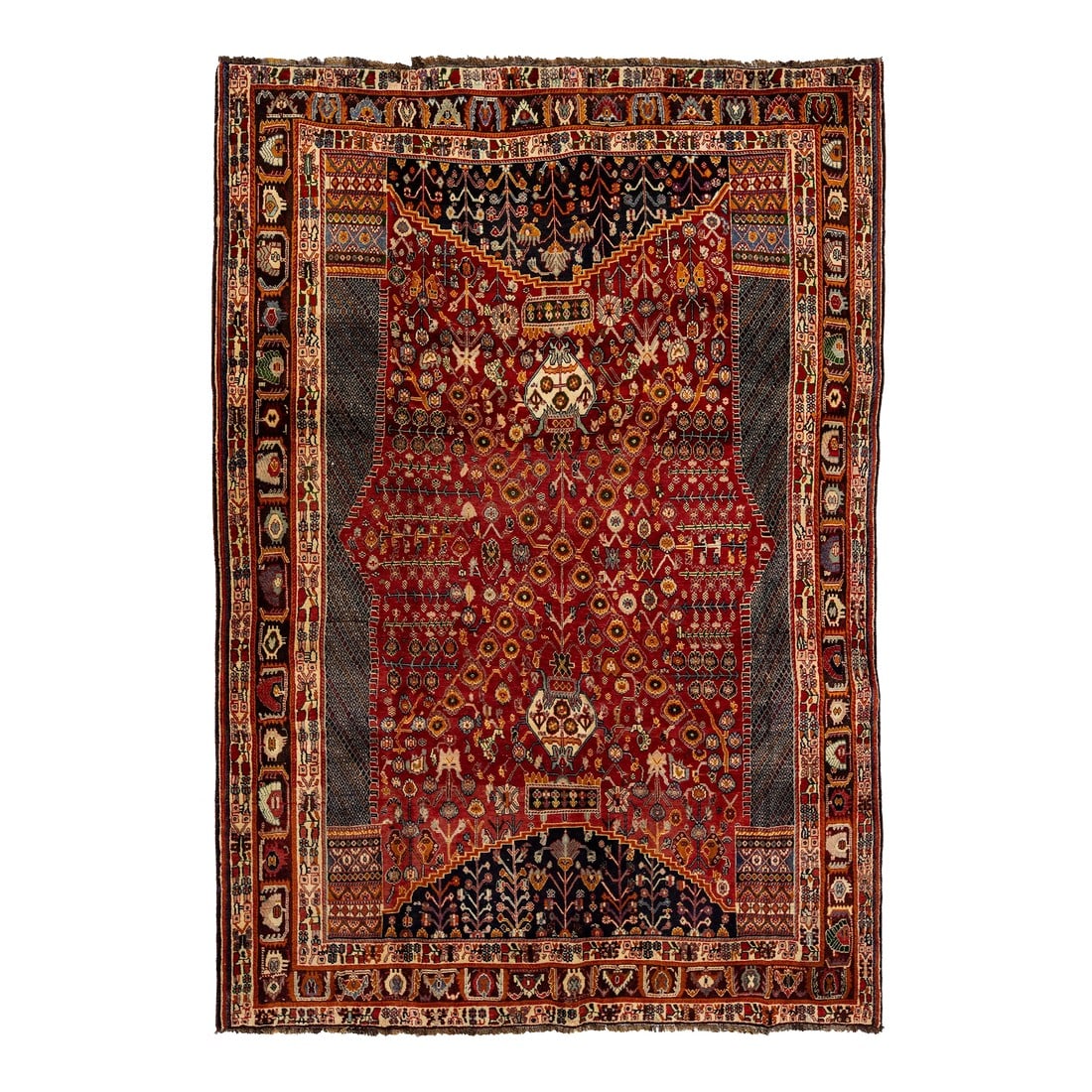 Allover Designed Persian Shiraz Wool Rug in Red: This exquisite Persian Shiraz hand-knotted wool rug features a rich red field elegantly embellished with golden and multicolored accents that enhance its intricate floral design throughout. This rug