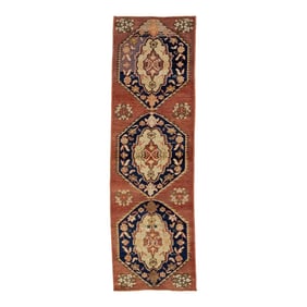1940s Vintage Traditional Turkish Anatolian Wool Runner in Rust Color