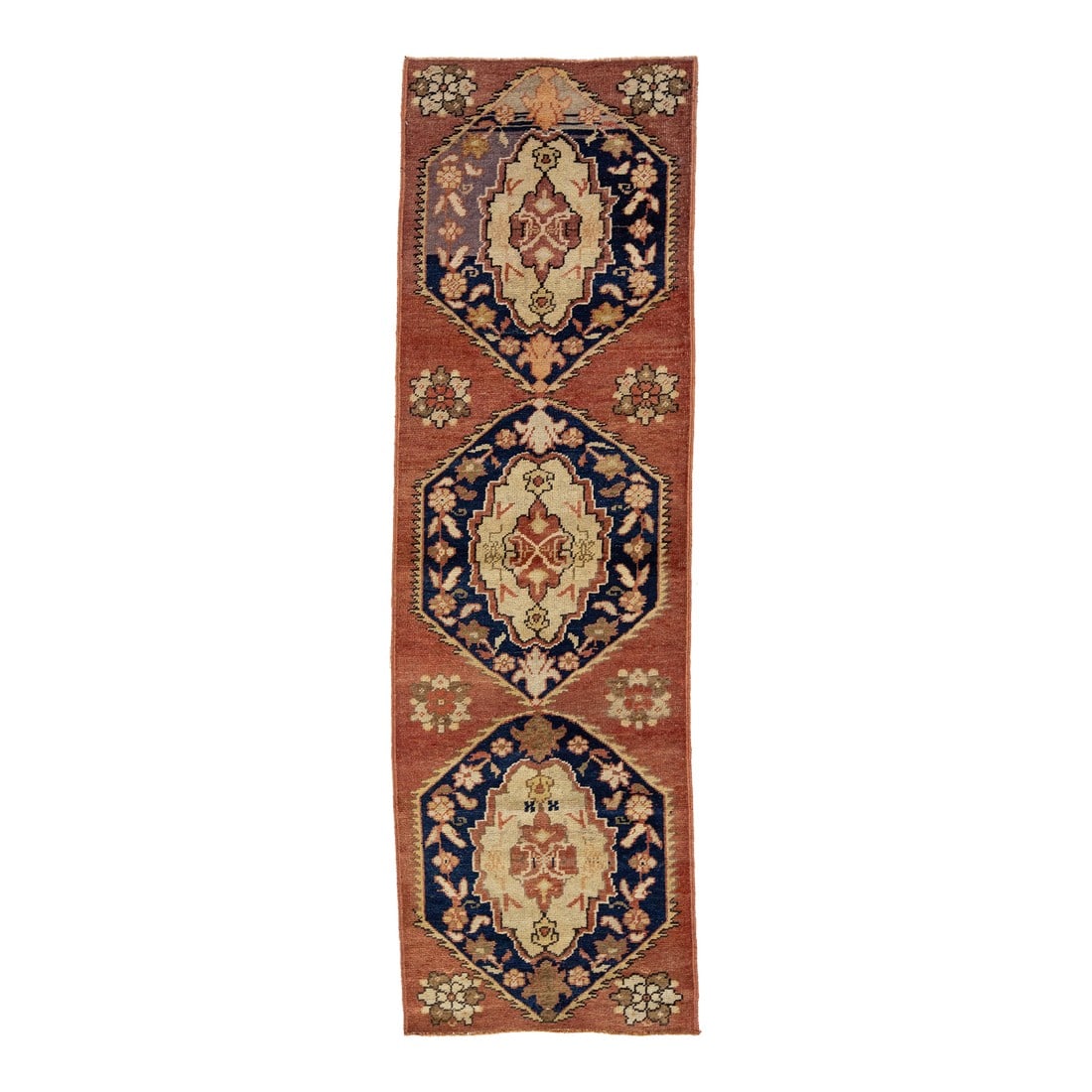 1940s Vintage Traditional Turkish Anatolian Wool Runner in Rust Color: A beautiful vintage Turkish runner featuring a red-rust field decorated with a tribal traditional medallion design that stretches across the entire rug, highlighted by navy blue, beige, and brown