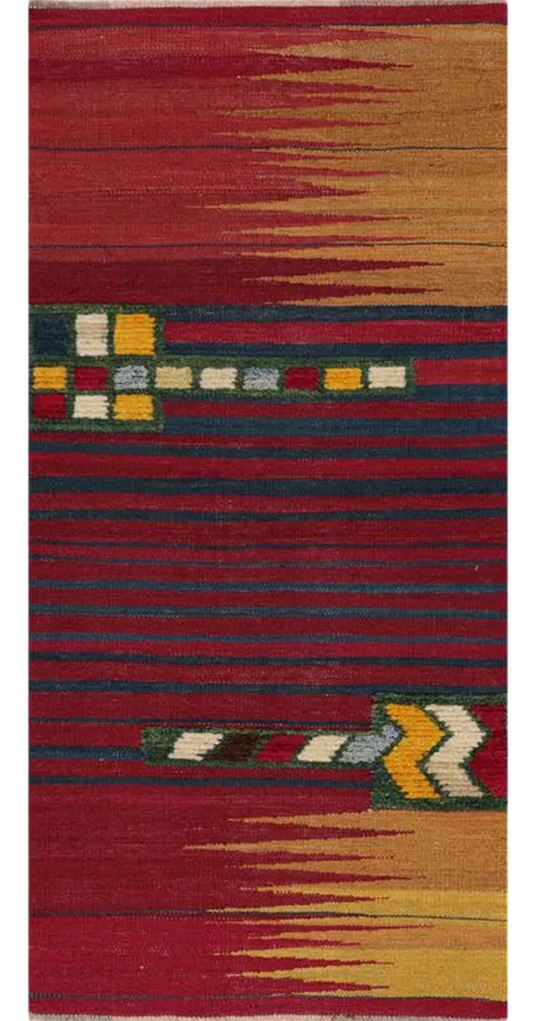 Handwoven Scandinavian Style Persian Kilim Area Rug 2"²1"×5'10"³: This bewitchingly beautiful example of a tribal Kilim area rug features a contemporary pop of electrifying bright colors in a playful mixed-weave design. The creative modern twist of a knotted-pile
