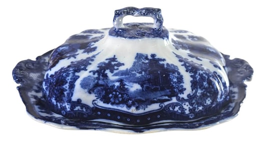 Rare 19th Century W. Adams & Co. "Conway" Flow Blue Covered Dish – 13.5" Ironstone