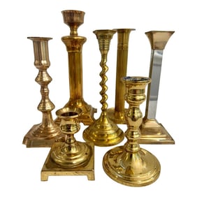 Vintage Collected Set of 7 Different Solid Brass Candle Stick Holders